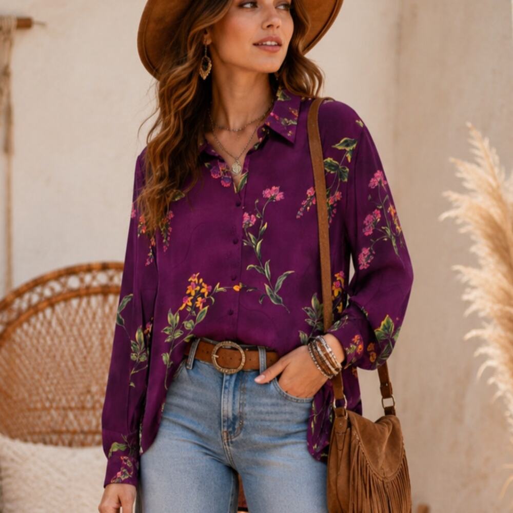 BonWorth Button-Up Blouse Women's Size L Missy Plum Floral Cottage Boho Whimsy